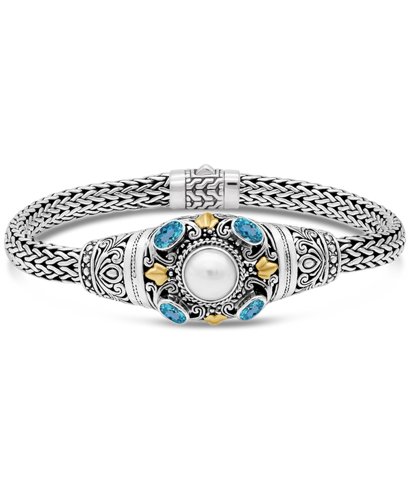 DEVATA Bali Gold Accent Sterling Silver Pearl Blue Topaz Dragon Bone Chain Bracelet