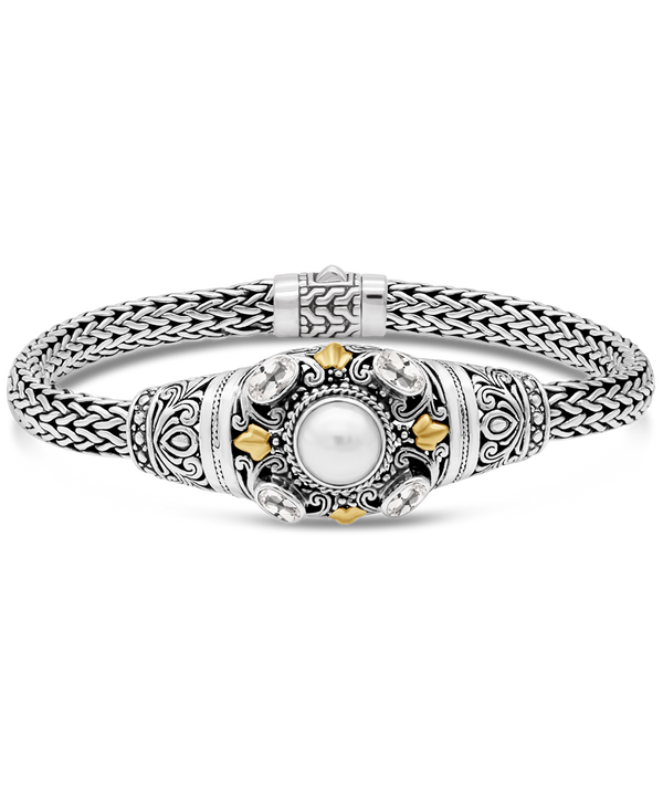 DEVATA Bali Gold Accent Sterling Silver Pearl White Topaz Dragon Bone Chain Bracelet