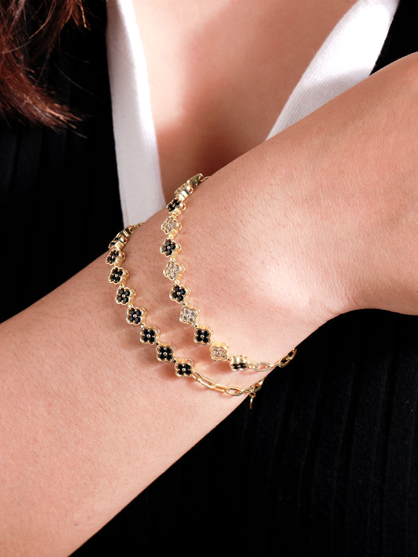 DEVATA Gold Black Cubic Zirconia Clover Paperclip Chain Bracelet