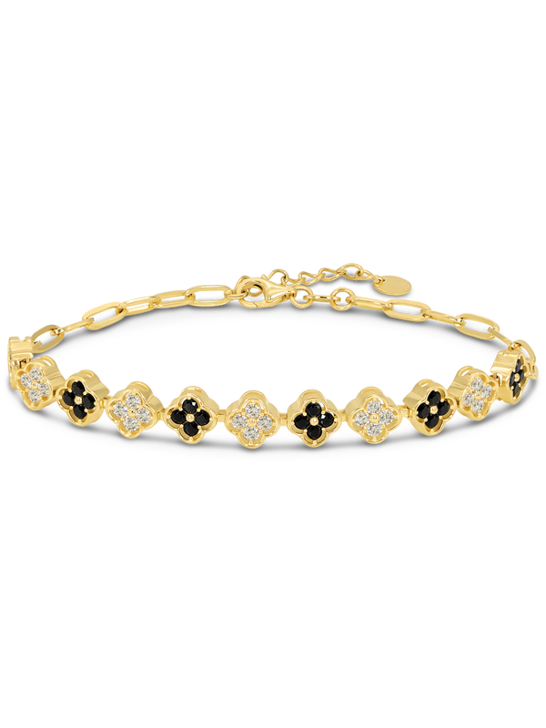 DEVATA Gold Black & White Cubic Zirconia Clover Paperclip Chain Bracelet