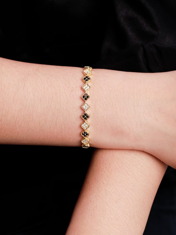 DEVATA Gold Black & White Cubic Zirconia Clover Paperclip Chain Bracelet