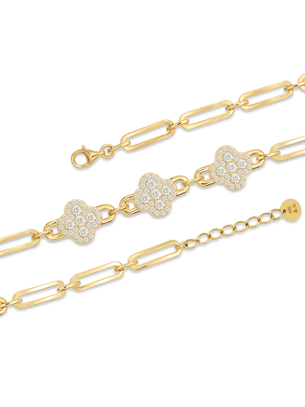 DEVATA Gold Cubic Zirconia Clover Paperclip Chain Bracelet