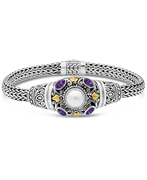 Bali Filigree Gold Accent Pearl Gemstones Chain Bracelet