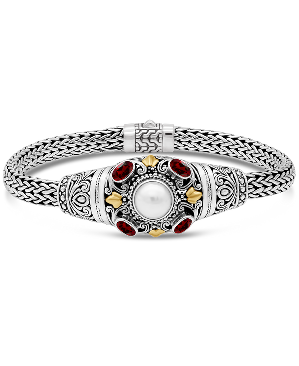 DEVATA Bali Gold Accent Sterling Silver Pearl Garnet Dragon Bone Chain Bracelet
