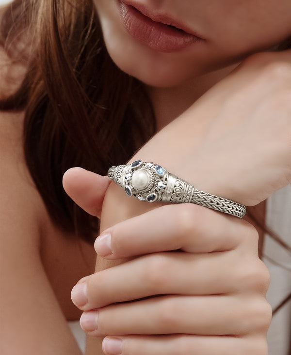 Bali Filigree Sterling Silver Pearl Gemstones Chain Bracelet