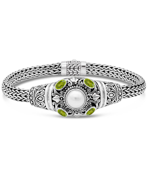 Bali Filigree Sterling Silver Pearl Gemstones Chain Bracelet Peridot / S/7.0