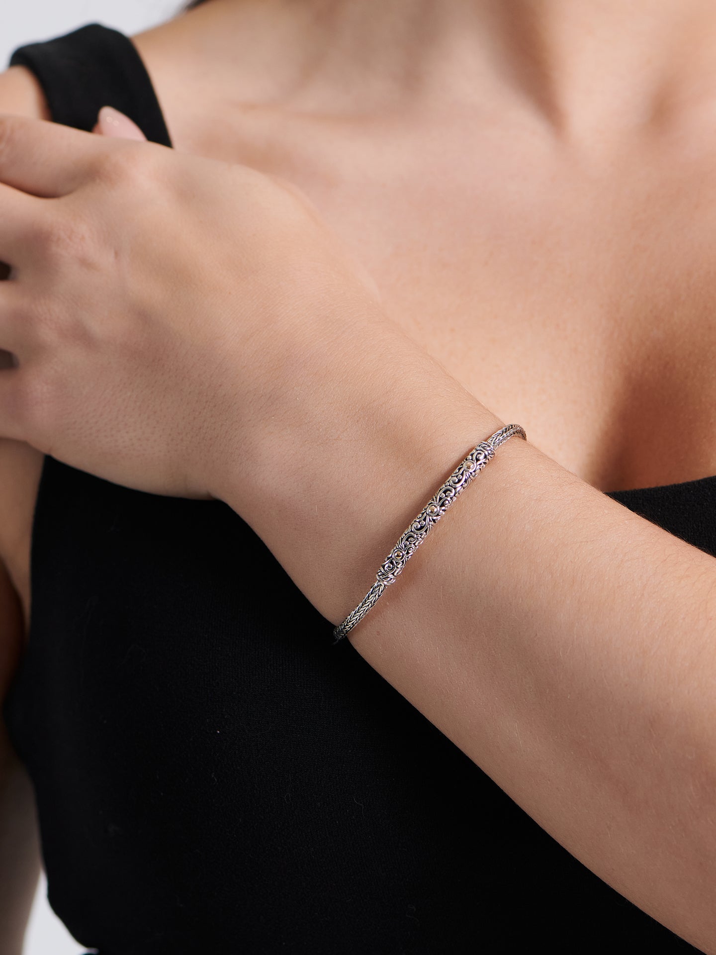 DEVATA Bali Gold Accent Dragon Bone Chain Sterling Silver Bracelet 