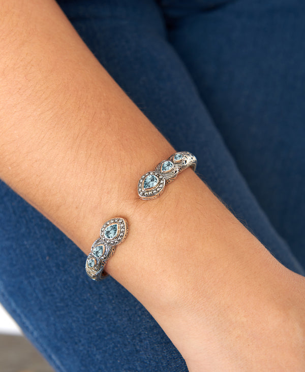 Bali Filigree Sterling Silver Gemstones Cuff Bracelet