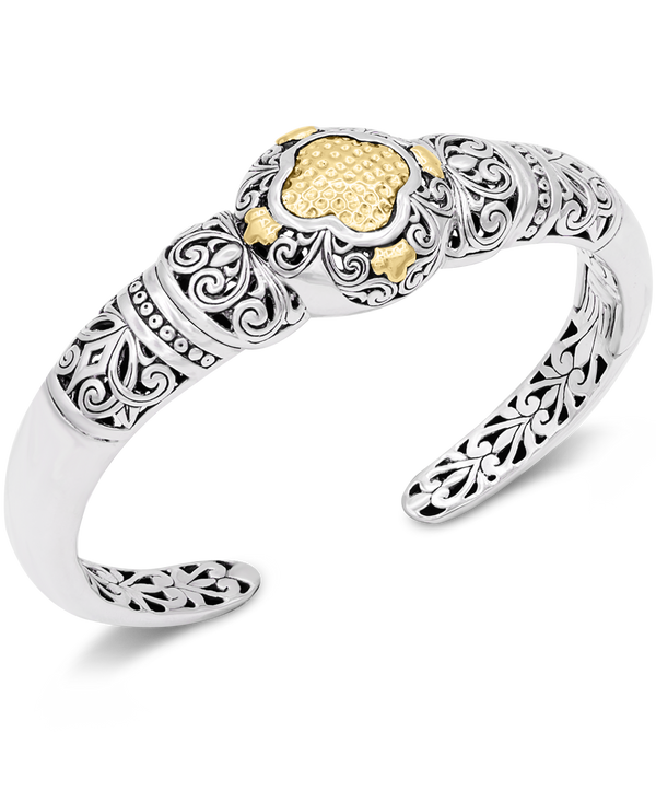Solid 18K Gold Dome on Bali Filigree Cuff Bracelet in Sterling Silver
