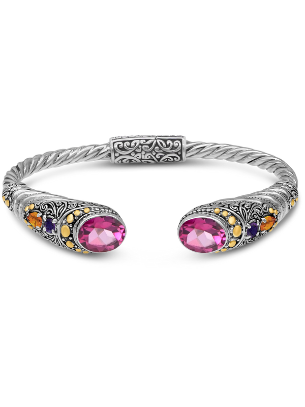 DEVATA Bali Jewelry Sterling Silver with Solid 18K Gold Pink Topaz Amethyst Blue Topaz Bali Cuff Bracelet