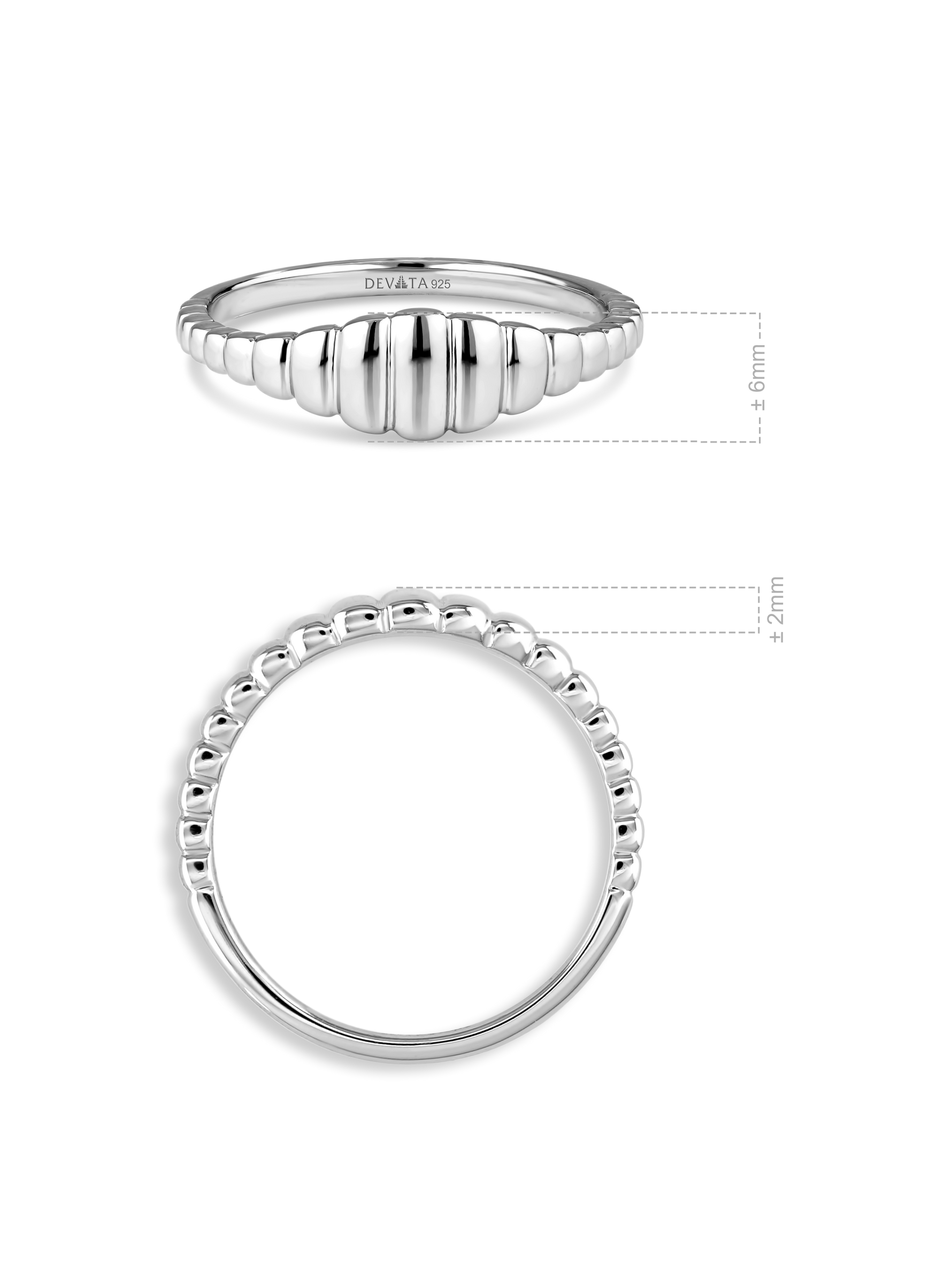 DEVATA Ribbed Ring in Rhodium Plated Sterling Silver