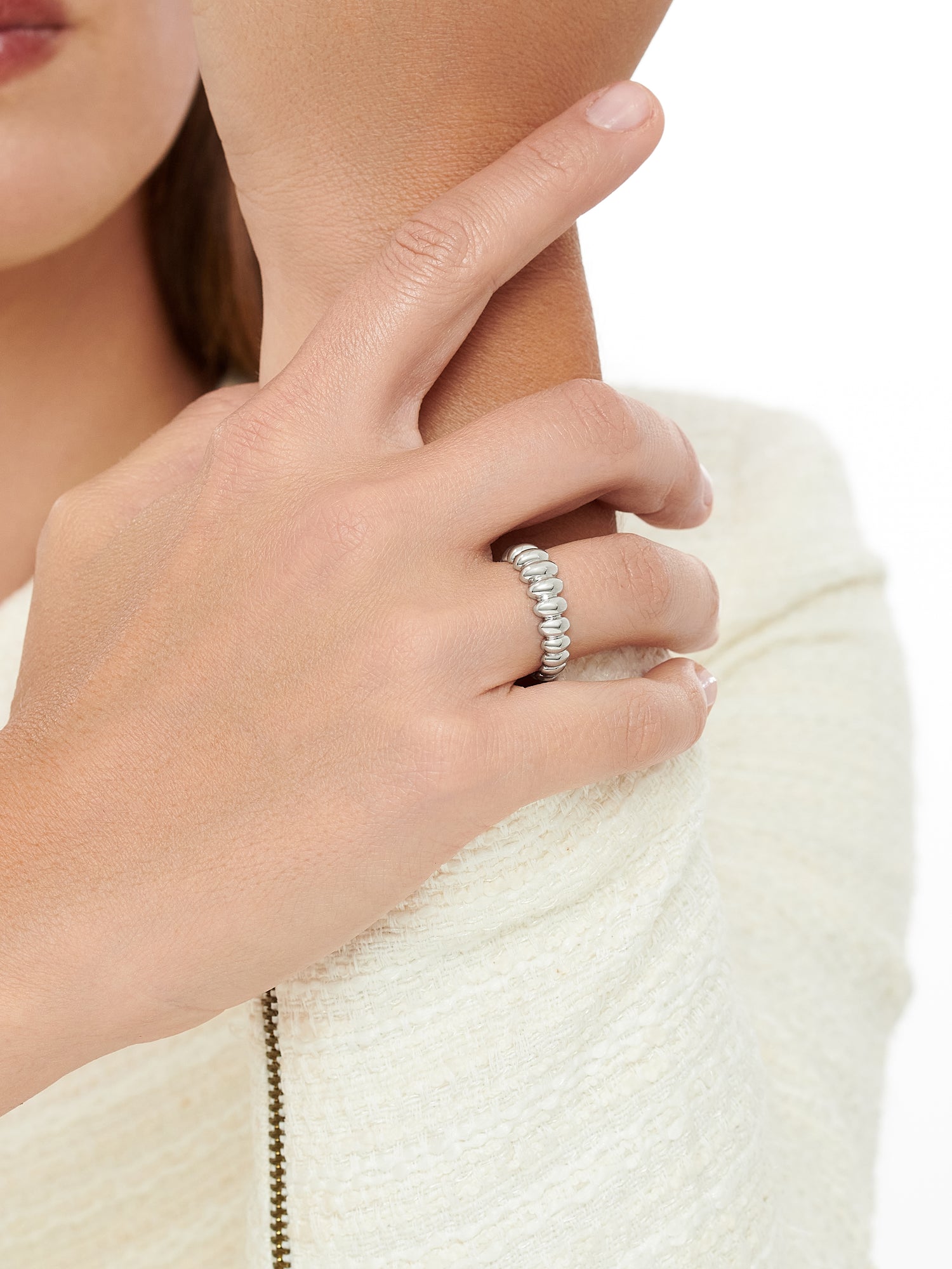 DEVATA Puffy Ribbed Ring in Rhodium Plated Sterling Silver