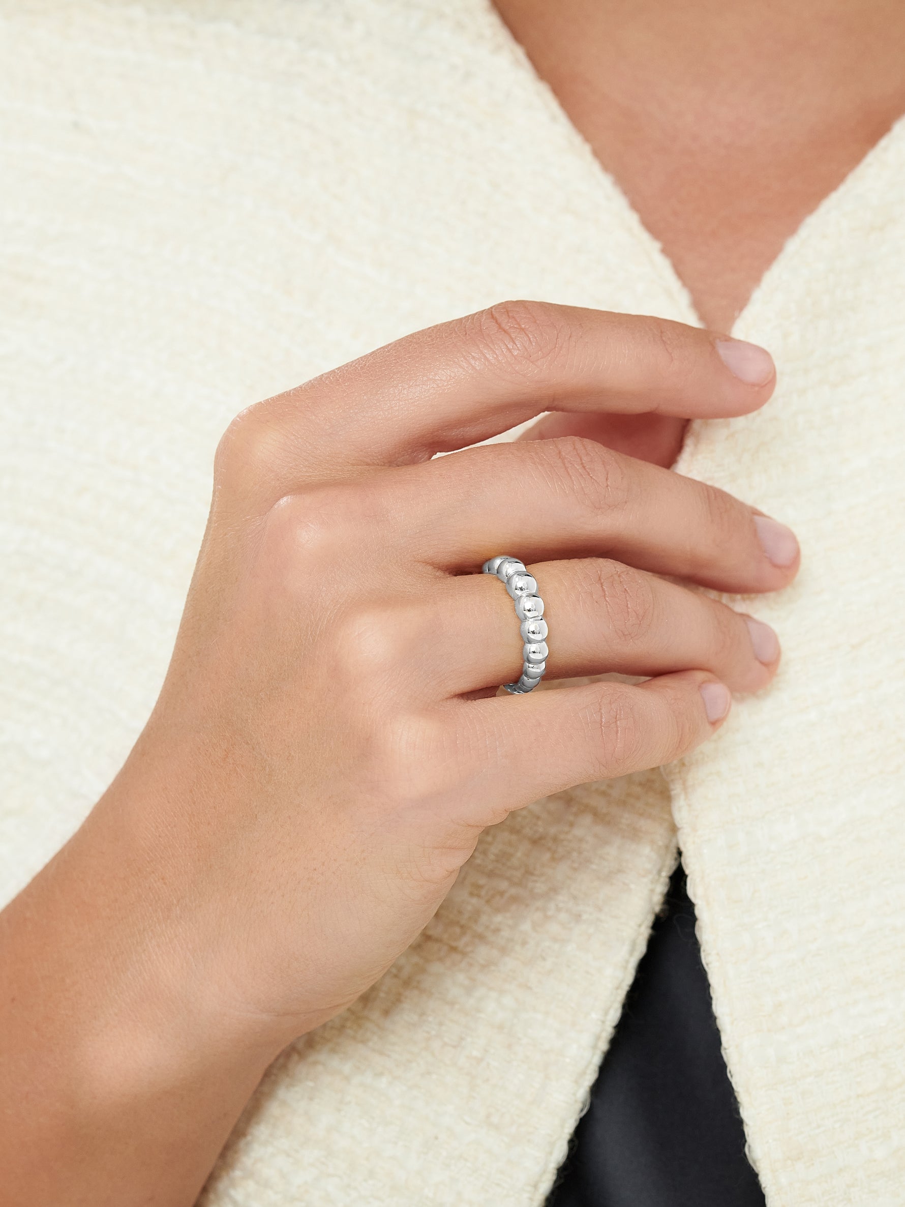 DEVATA Beaded Ball Ring in Rhodium Plated Sterling Silver