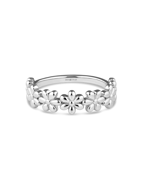 Daisy Flower Ring in Rhodium Plated Sterling Silver