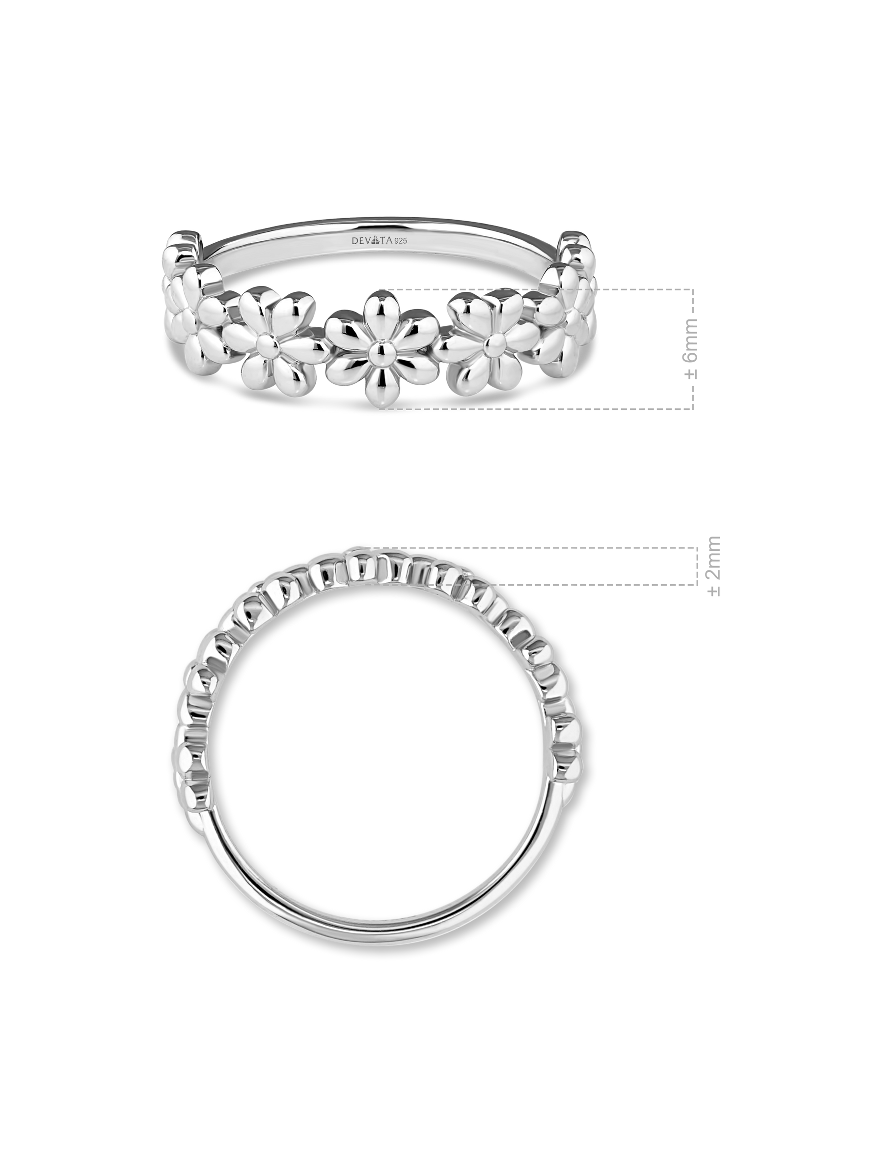 DEVATA Daisy Flower Ring in Rhodium Plated Sterling Silver