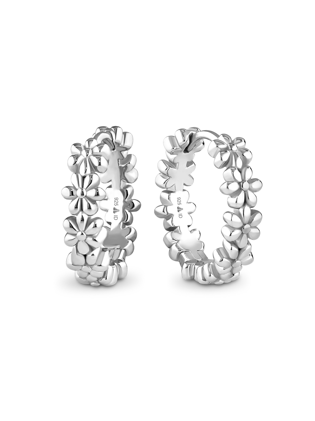 Daisy Flower Hoop Earrings in Rhodium Plated Sterling Silver