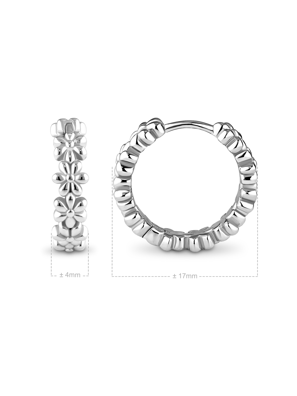 Daisy Flower Hoop Earrings in Rhodium Plated Sterling Silver