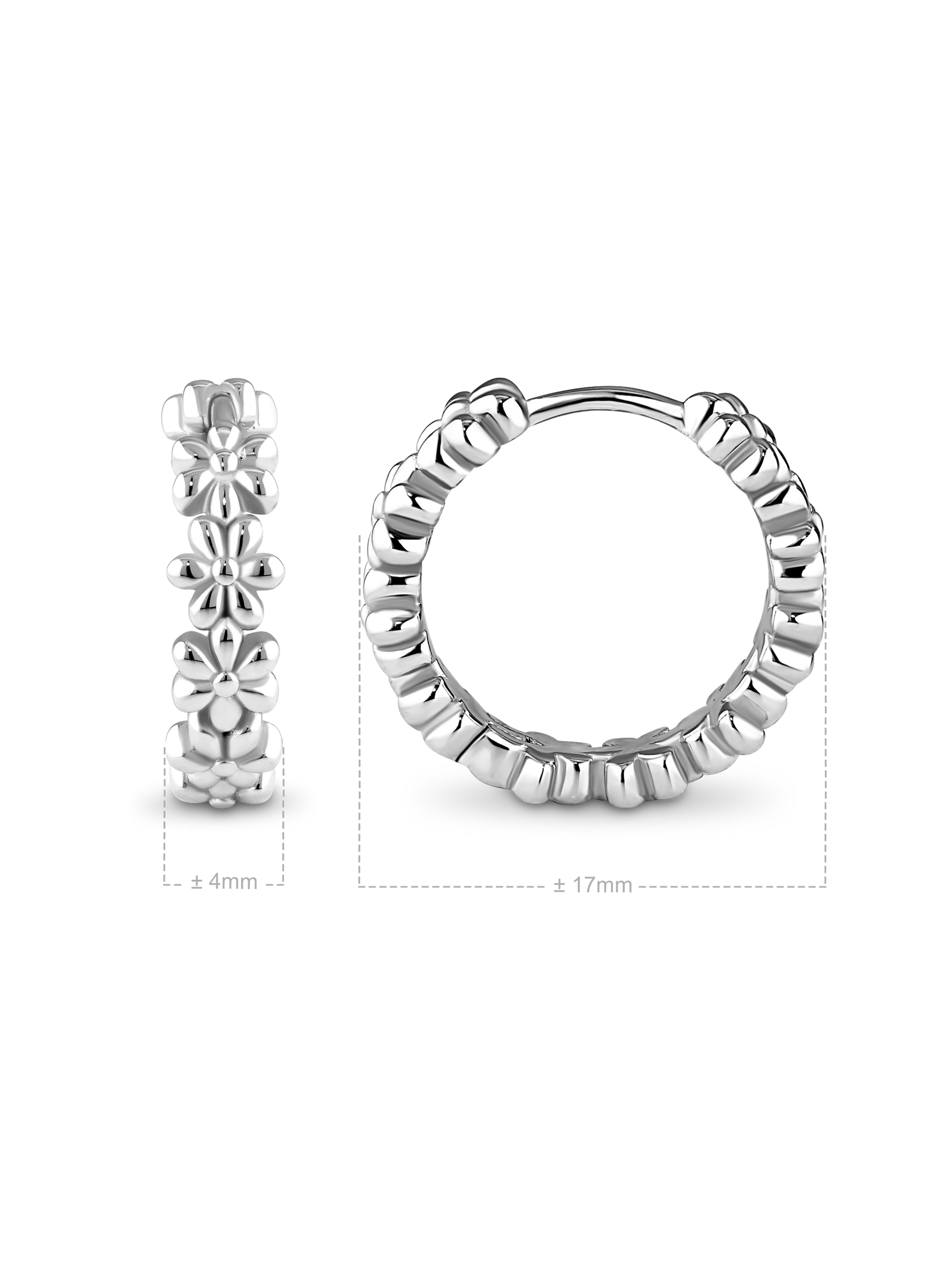 Daisy Flower Hoop Earrings in Rhodium Plated Sterling Silver