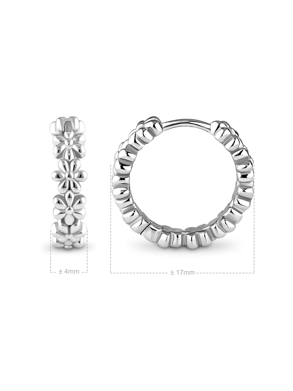 Daisy Flower Hoop Earrings in Rhodium Plated Sterling Silver