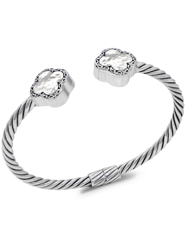 DEVATA Bali Hammer Clover Sterling Silver Cable Cuff Bracelet
