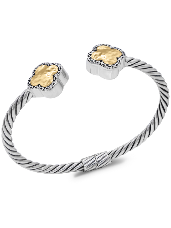 DEVATA Bali Clover Hammer Gold Accent Sterling Silver Cable Cuff Bracelet