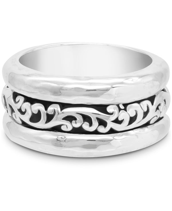 Sterling Silver Bali Hammer Filigree Accent Band Ring