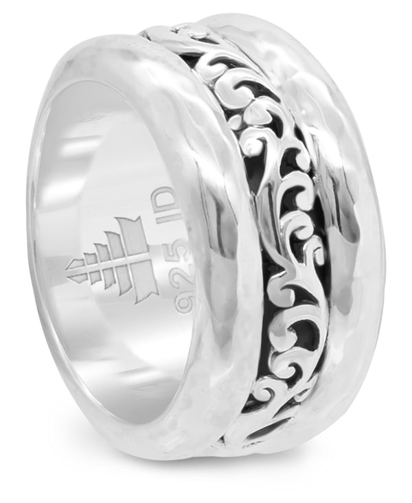 Sterling Silver Bali Hammer Filigree Accent Band Ring