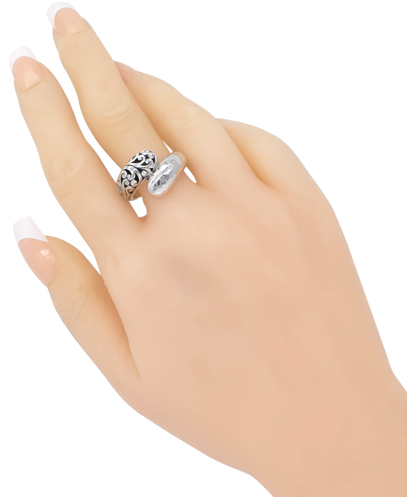 Sterling Silver Bali Filigree with Hammer Accent Bypass Ring