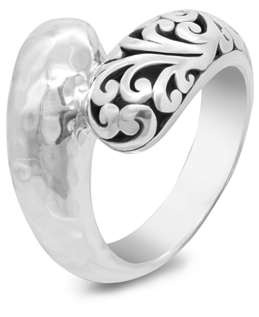 Sterling Silver Bali Filigree with Hammer Accent Bypass Ring