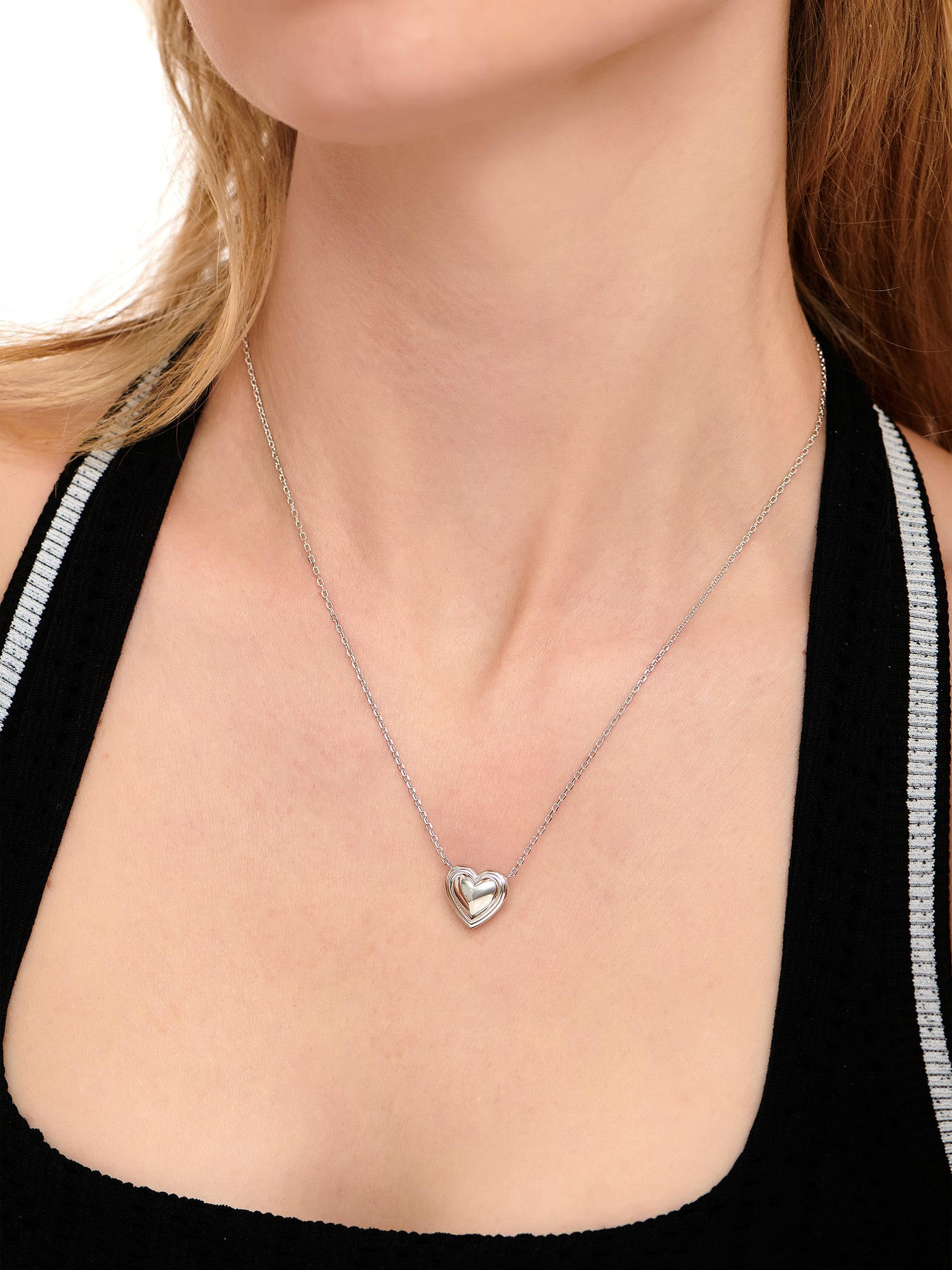 DEVATA Contour-lined Heart Necklace in Rhodium Plated Sterling Silver