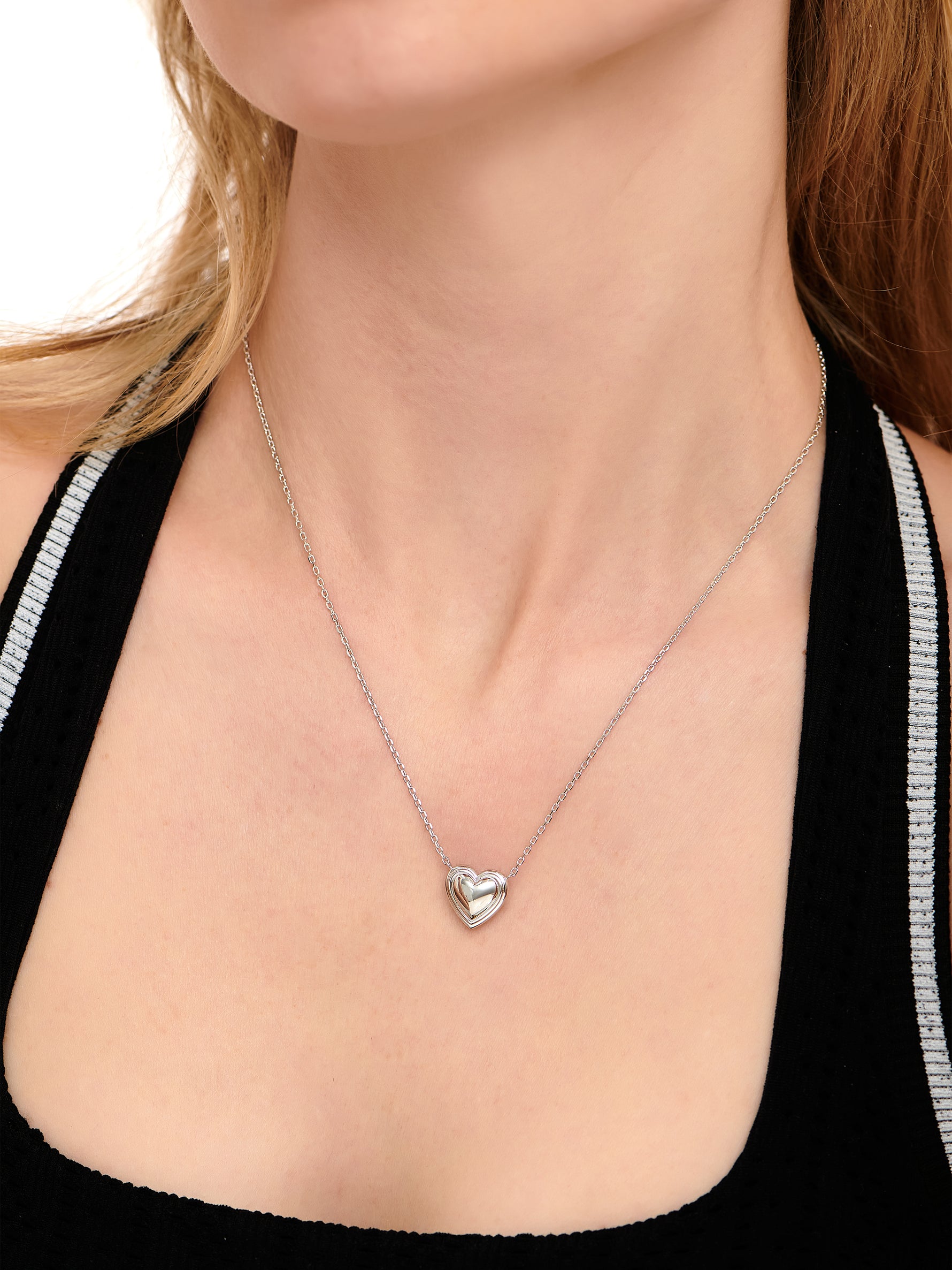 DEVATA Contour-lined Heart Necklace in Rhodium Plated Sterling Silver