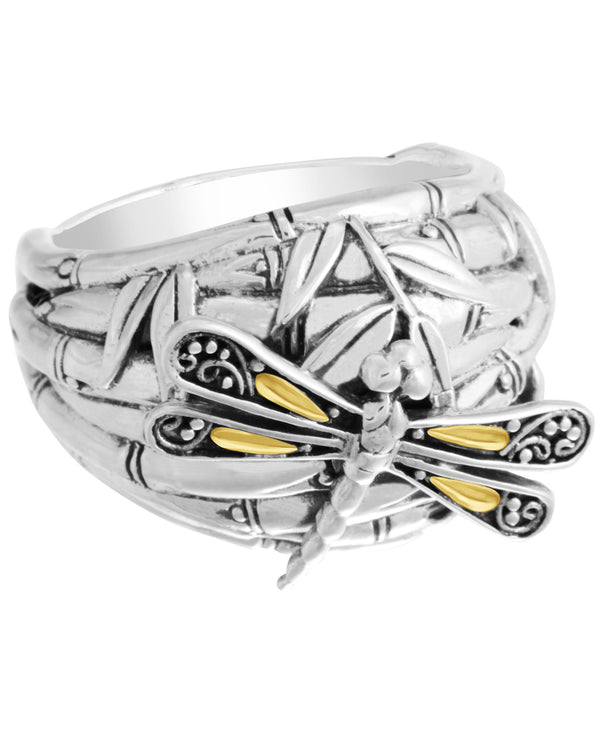 Sterling Silver with 18K Gold Accents Sweet Dragonfly Bali Bamboo Dome Ring