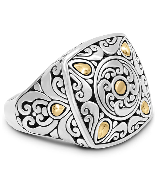 Sterling Silver with 18K Gold Accents Bali Filigree Square Dome Ring