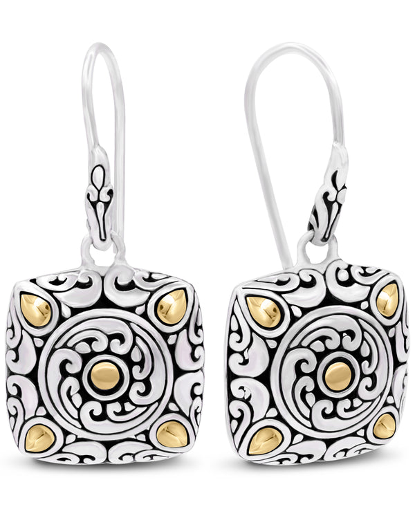 Bali Filigree Square Gold Accent Hook Earrings