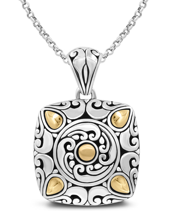 Bali Filigree Square Pendant Necklace with Rolo Chain in Sterling Silver and 18K Gold