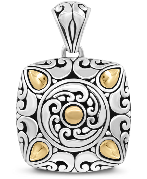 Bali Filigree Square Pendant Necklace with Rolo Chain in Sterling Silver and 18K Gold