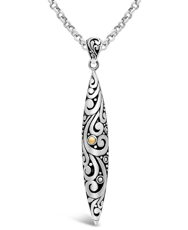 (OUTLET SALE) Bali Filigree Spear Pendant Necklace with Rolo Chain in Sterling Silver and Solid 18K Gold Accents