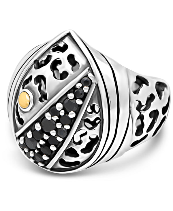 Bali Heritage Filigree Leopard Sterling Silver Ring and 18K Gold with Black Spinel