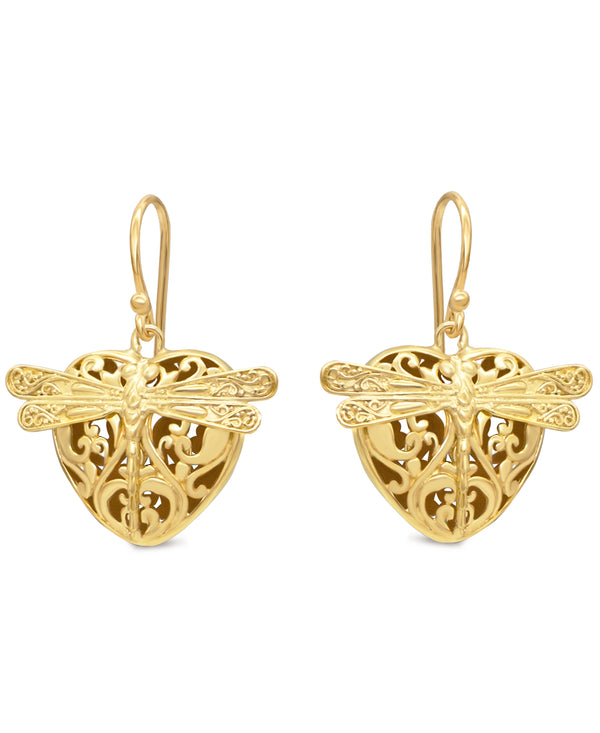 18K Gold Plated Sterling Silver Sweet Dragonfly Love Potion Bali Drop Dongle Earrings