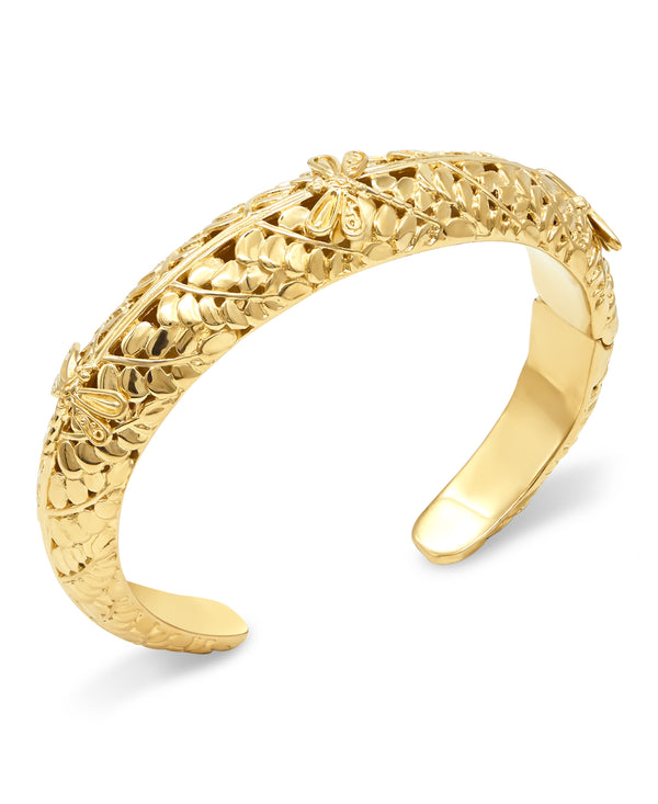 18K Gold Plated Sterling Silver Dragonfly Leaf Cuff Bracelet