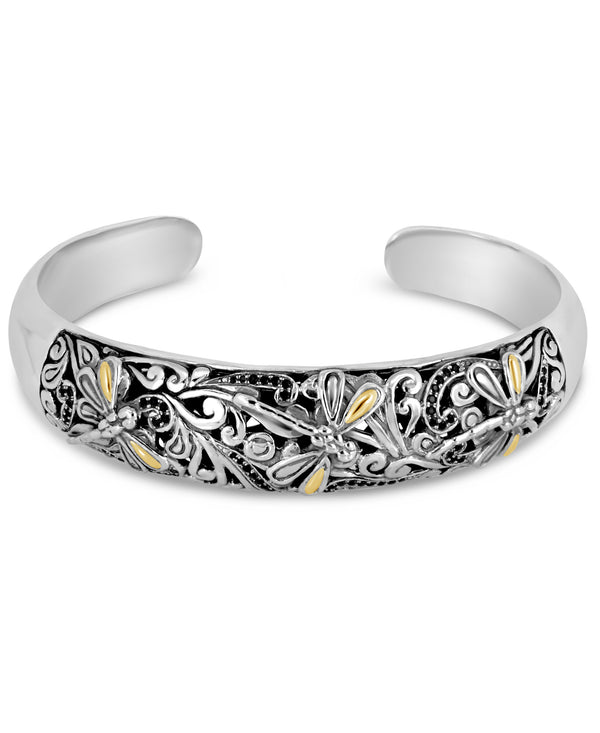 Bali Filigree Dragonfly Black Spinel Cuff Bracelet in 925 Sterling Silver with 18K Solid Gold