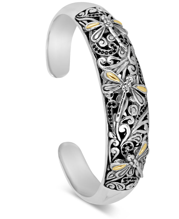 Bali Filigree Dragonfly Black Spinel Cuff Bracelet in 925 Sterling Silver with 18K Solid Gold
