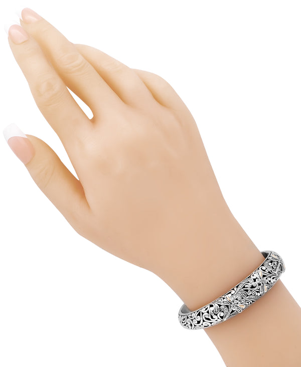 Bali Filigree Dragonfly Black Spinel Cuff Bracelet in 925 Sterling Silver with 18K Solid Gold