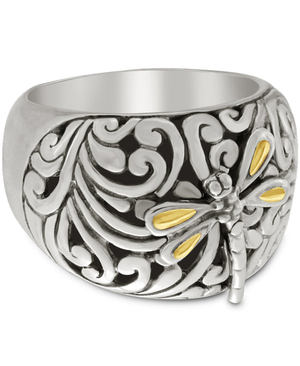 Sterling Silver with 18K Gold Accents Sweet Dragonfly Bali Filigree Dome Ring