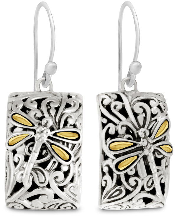 (OUTLET SALE) Sweet Dragonfly Rectangle Gold Accent Drop Earrings